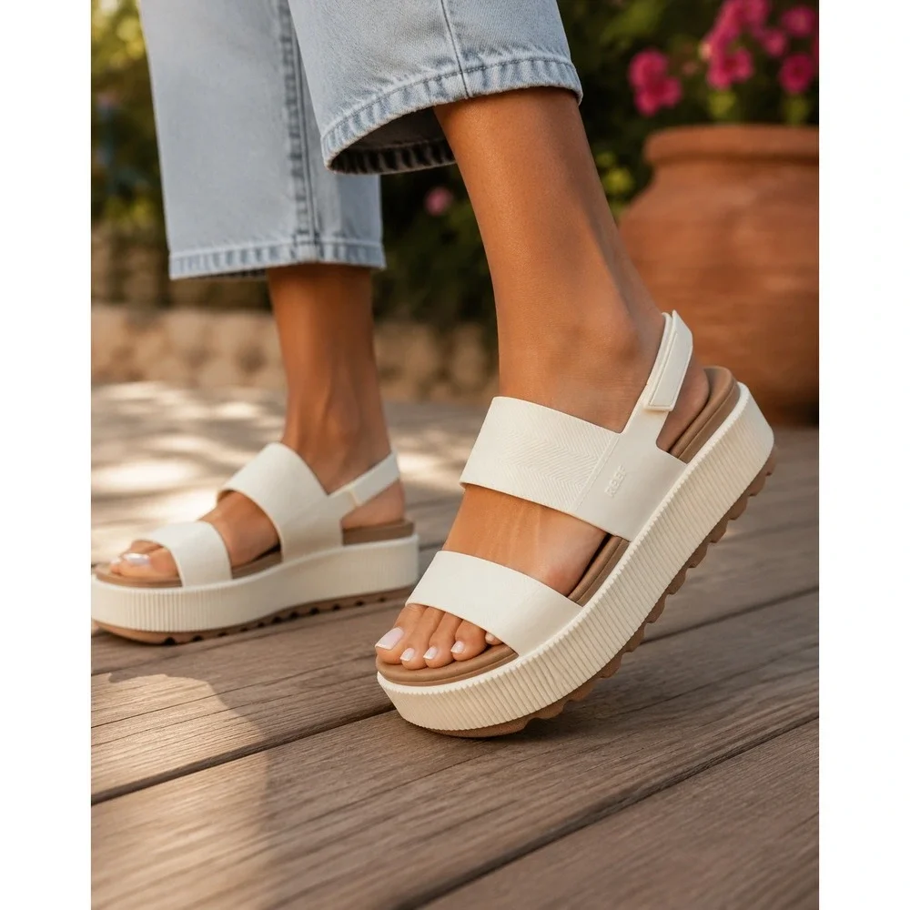 Reef Water Vista Higher Platform Sandals Women 10 Cloud White Tan Comfort NEW